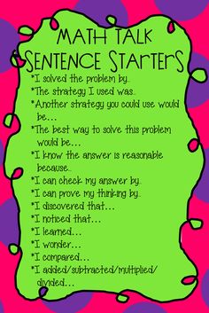 a green and purple poster with the words math talk sentence starter written in black on it