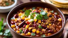 a bowl filled with chili and corn