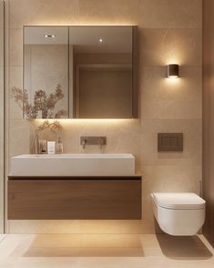 Japandi Bathroom Lighting, Spa Small Bathroom, Toilet Ideas Modern, Beige Small Bathroom, Ideas Para Baños Pequeños Modernos, Stone Basin Bathroom, Water Closet Design, Minimalist Luxury Bathroom, Contemporary Powder Room Ideas