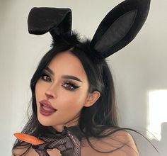 Rabbit Make Up Halloween, Black Bunny Makeup Halloween, Black Bunny Halloween Makeup, Black Rabbit Makeup, Dark Bunny Makeup, Black Bunny Costume Makeup, Playboy Makeup Look, Killer Bunny Makeup, Bunny Make Up Halloween