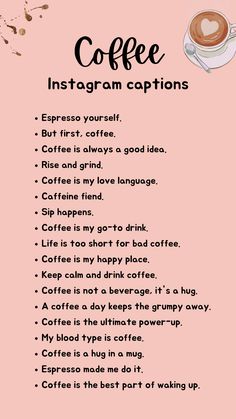 Looking for the perfect caption to pair with your cappuccino or espresso Instagram postLook no further than these 100coffee-inspired captions that will add an extra boost of flavour to your feedcoffeelover coffeecaptions Coffee Captions Instagram, Hastag Instagram, Savage Captions, Instagram Post Captions, One Word Instagram Captions, Short Instagram Quotes, Witty Instagram Captions, Short Instagram Captions, Instagram Captions For Selfies
