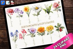 the birth month wildflowers are displayed on a tabletop with a pink ribbon