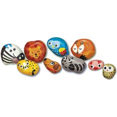 an assortment of painted rocks with animals on them