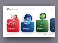 the homepage for disney's characters is displayed on an iphone screen, which displays their names