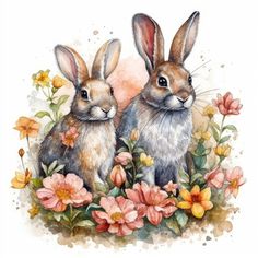 two rabbits sitting next to each other on top of flowers