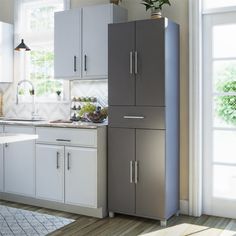 a kitchen scene with focus on the refrigerator