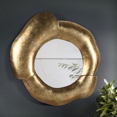 a round mirror hanging on the wall next to a potted plant in front of it