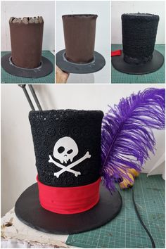 there are three different hats with skulls and feathers on them, one has a purple feather