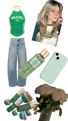 the contents of a woman's green top, jeans, and cell phone case