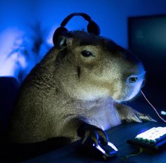 a stuffed animal with headphones on sitting in front of a computer