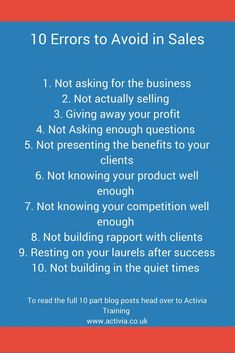 a blue and red poster with the words 10 errors to avoid in sales