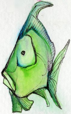 a drawing of a fish that is green and blue