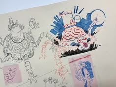 some drawings on a white board with blue and pink ink