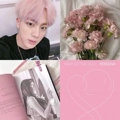 a collage of photos with pink hair and flowers