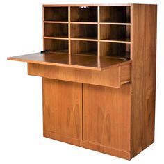 a wooden bookcase with doors and shelves