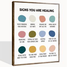 a poster with the words signs you are healing in different colors and sizes on it