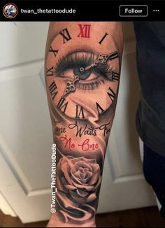 a person with a clock and rose tattoo on their arm that reads, no one