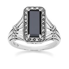 A wonderful Art Deco Style Sterling Silver Octagon Ring with Black Onyx and Marcasite.   Marcasite is a type of pyrite which reflects with a captivating metallic charm. Popular in the Victorian era of jewellery making, marcasite gems were once used as an affordable substitute for the sparkle of a diamond.  Black Onyx is often used in carved cameo jewellery, black onyx provides a beautiful contrast and a gothic edge to your jewellery collection.   Experience Art Deco inspired with this silver necklace, featuring gemstones in a symmetrical, geometric pattern. Its clean lines and exquisite craftsmanship make it a timeless treasure for any special occasion. A quick buff with a jewellery cleaning cloth will remove metal tarnishes and keep gemstones looking glossy. Avoid exposure to cosmetics, p Octagon Ring, Dad Jewelry, Marcasite Ring, June Birthstone Jewelry, Cameo Jewelry, Estilo Art Deco, Gifts For New Mums, Pearl Jewellery Earrings, Pin Jewelry