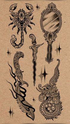 an old fashioned tattoo design with different designs on it's sides and arms, including dagger