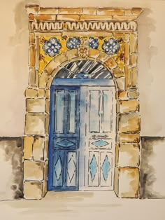 a watercolor painting of an entrance to a building with blue doors and ornate designs