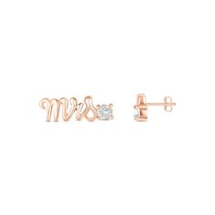 rose gold earrings with the word miss and a single diamond in it's center