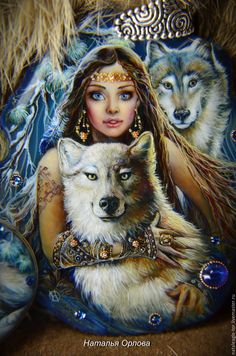 a painting of a woman and two wolfs