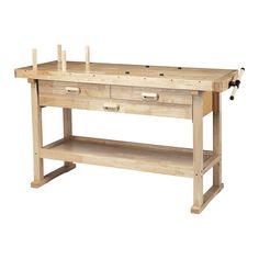 a wooden workbench with two drawers on one side and an open drawer on the other