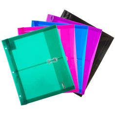 four different colored binders stacked on top of each other, one with a clip in the middle