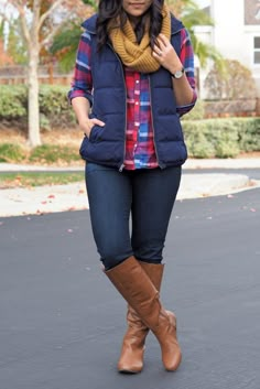 Plaid Shirt and Vest Out and About Outfit Closeup Fall Vest Outfits Women, Blue Vest Outfit, Puffy Vest Outfit, Fall Vest Outfits, Vest Outfit Women, Mustard Scarf, Vest Outfits For Women, Fall Vest, Gingham Top