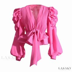 Lasaky - Ravishing Peplum Blouse with Puff Sleeves, V Neckline, Tie Front, and Pleated Chiffon Lace Top Dress, Modern Womens Fashion, Pink Shades, Pleated Chiffon, Puff Long Sleeves, Designer Blouse, Stylish Blouse, Backless Maxi Dresses, Peplum Blouse