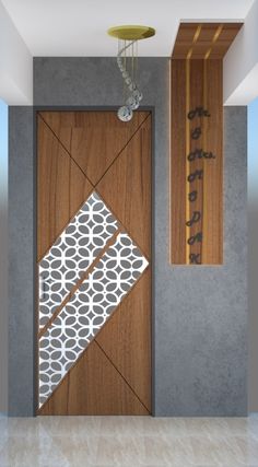 a wooden door with an abstract design on it