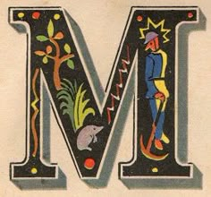 the letter m is decorated with an image of a man and a bird on it