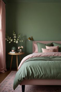 a bedroom with green walls, pink bedding and white flowers on the nightstands