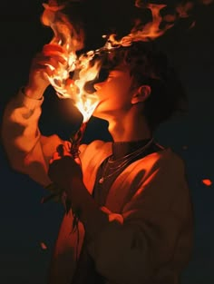 a woman holding a lit candle up to her face with flames coming out of it