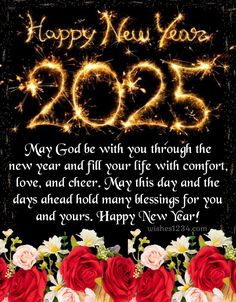 a happy new year card with roses and sparklers in the background on a black background