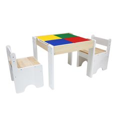 This sturdy wooden 3-piece children's set features a lightweight design and a double-sided tabletop that flips between a building block baseplate and a dry-erase surface, keeping little ones entertained for hours. Build masterpieces, then flip the tabletop over for drawing and learning – perfect for budding artists and architects. The table features spacious storage under the table, ideal for art supplies, blocks, etc. They are finished in a wipeable white and natural wood. Kids Table Set, Kids Play Table, Round Table And Chairs, Kids Line, Activity Table, Delta Children, Under The Table, Kid Table, Modern Kids