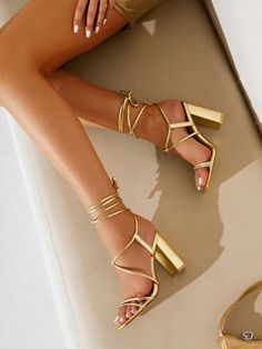 Gold  Collar     Embellished   Women Shoes Hoco Heels, Gold Prom Shoes, Gold Heels Prom, Gold Chunky Heels, Graduation Heels, Prom Gold, Gold Strappy Sandals, Gold Strappy Heels, Heels Prom