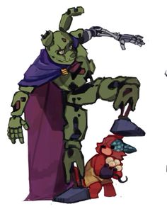 an image of a cartoon character with two other characters in the background, and one is holding