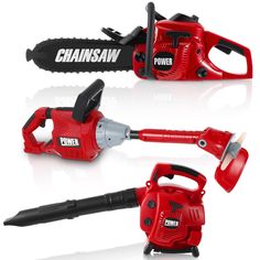 three different types of chainsaws are shown in this image, one is red and the other is black