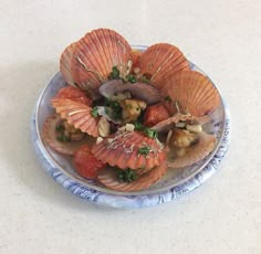 an arrangement of seashells on a blue and white plate