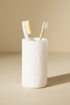 two toothbrushes in a white cup on a beige surface with light from the window