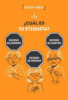 an orange poster with three people in different languages