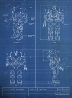 three blueprints of different types of robots