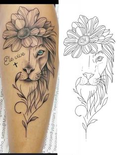 a lion with flowers on its head next to a tattoo design