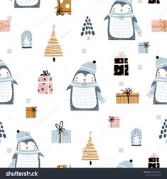 seamless christmas pattern with penguins and presents stock photo - 957982