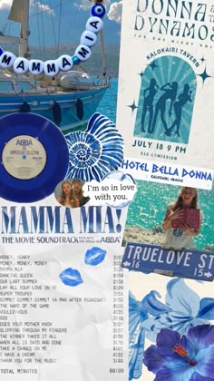 a collage of photos with the words mama mia on it and pictures of people