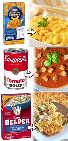 four different types of food are shown in this collage, including soup and pasta