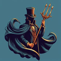 a man with a top hat and cape holding a pitchfork in one hand and an arrow in the other