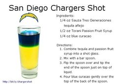 the san diego chargers shot recipe is shown in this graphic above it's ingredients