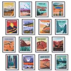 PRICES MAY VARY. Diverse Styles for Decor: each package comes with 16 pieces vintage posters in distinct patterns, sufficient quantity and patterns can satisfy your decorative needs, matching well with your home ornaments Easy to Carry and Store: vintage mountain posters measure approx. 20 x 25 cm/ 7.8 x 9.8 inches, moderate for framing and can be hung individually or in combination to achieve a more satisfactory decorative effect, and the lightweight feature makes them convenient to carry and s National Park Nursery, Vintage National Park Posters, Vintage National Park, Tapestry Nature, Bel Art, Garden Lawn, Mountain Print, Forest Wall Art, Park Art